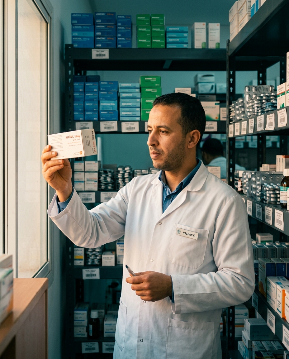 Ultra realistic photograph of a pharmacist in a white coat holding a medicine carton up to soft daylight in a modern pharmacy storeroom, sealed blister packs and lot-number labels visible on the shelves behind, cool teal and warm amber colour grade, shallow depth of field, editorial healthcare photography, 4:5 vertical composition